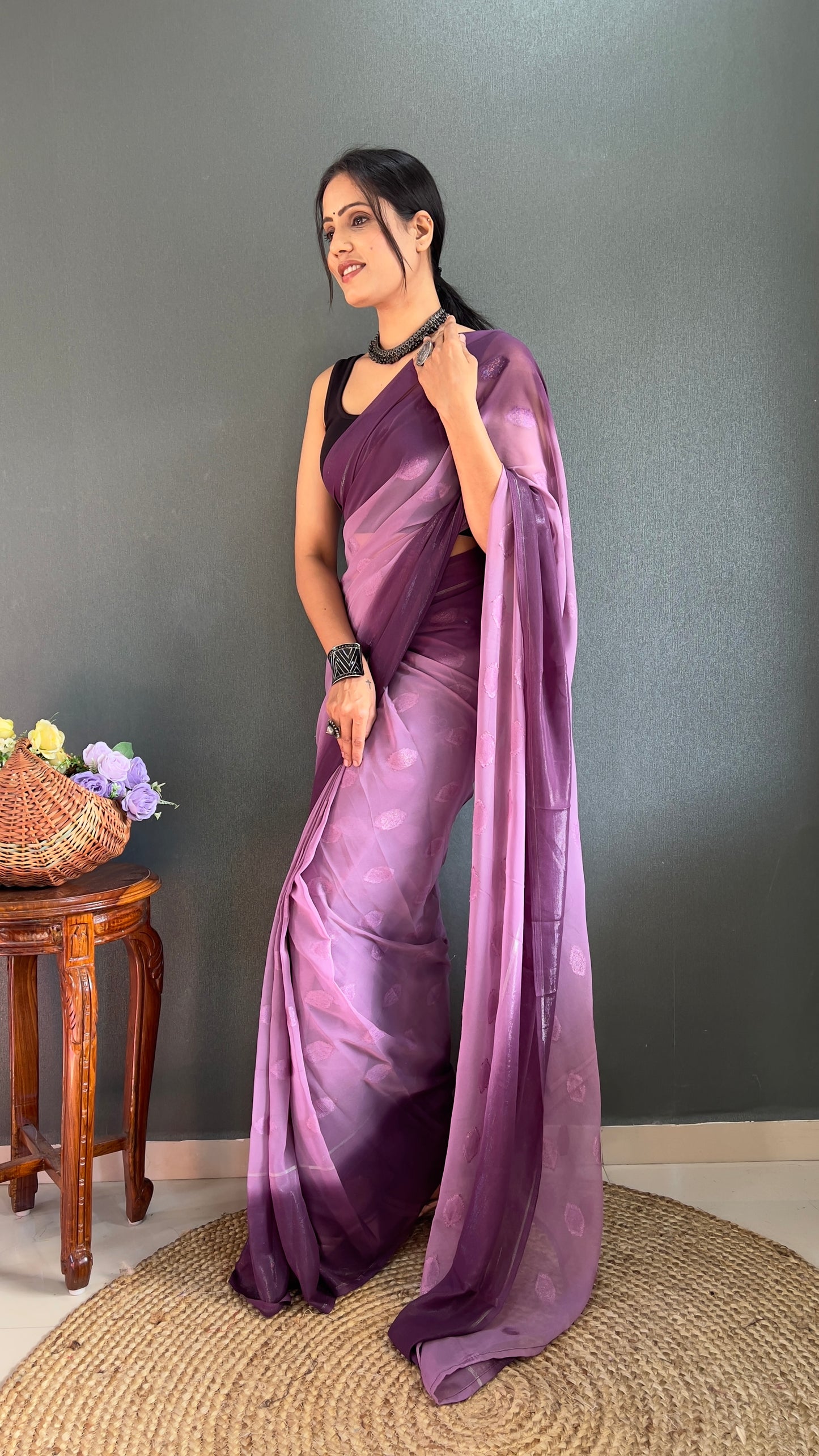 1-Minute Ready To Wear Saree In Simmer Butti Silk With Banglori Blouse