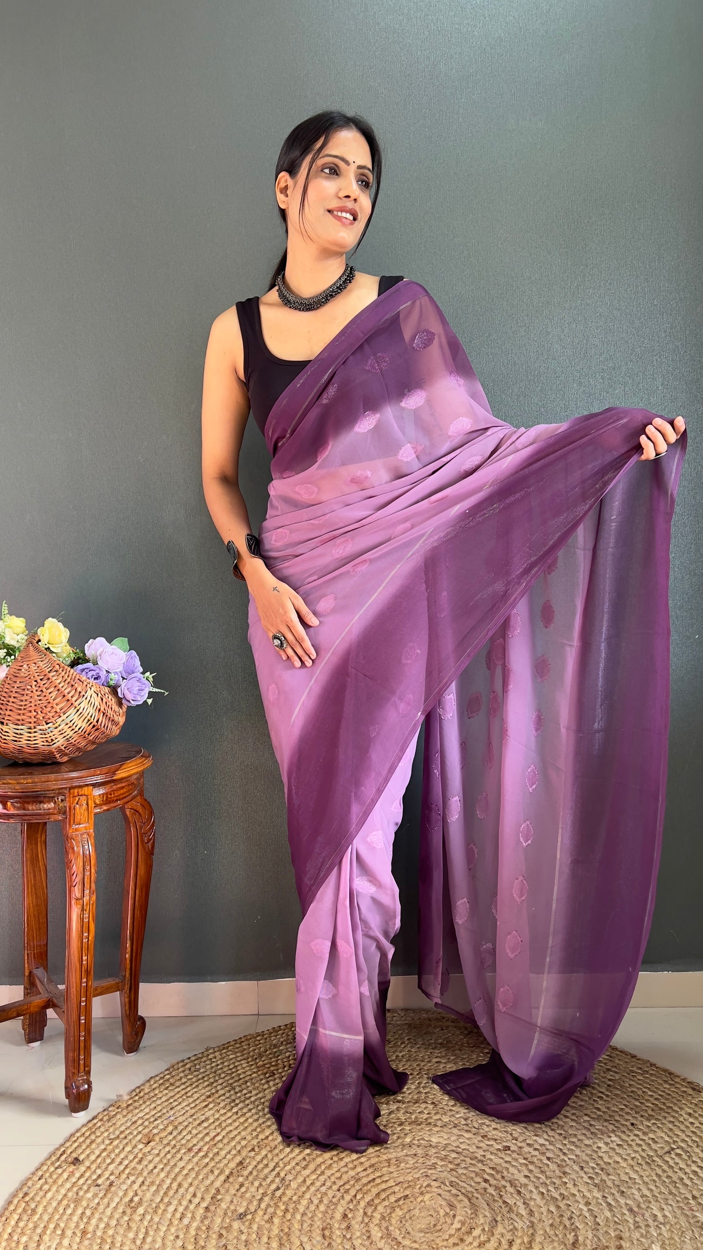 1-Minute Ready To Wear Saree In Simmer Butti Silk With Banglori Blouse