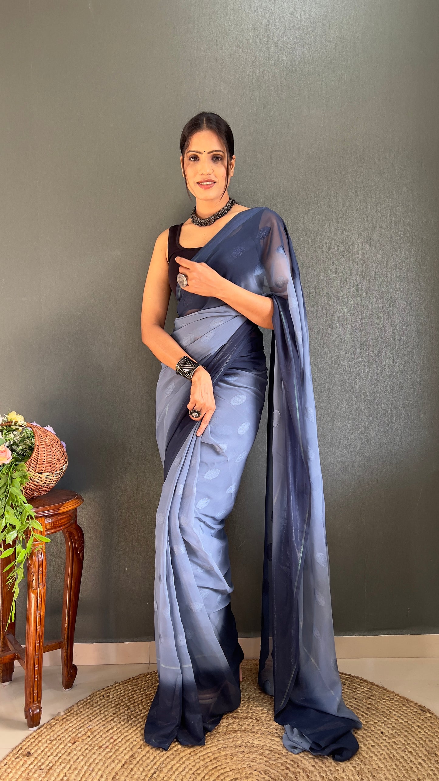 1-Minute Ready To Wear Saree In Simmer Butti Silk With Banglori Blouse